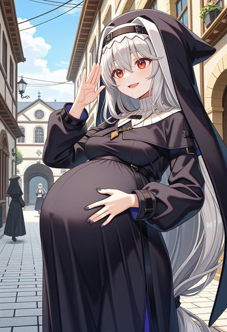 STYLE(comfy++,none) masterpiece, best quality, absurdres, 1girl, cura, azuuru, torino aqua, specter \(arknights\), nun, red eyes, hair between eyes, grey hair, very long hair, white hair, long hair, black dress, black headwear, hat, long sleeves, nail polish, habit, medium breasts, clothed, pregnant, big belly, solo,  crazy smile, confused, looking ahead, facing to the side, open hands, arm up, hand up,  squatting, cowboy shot, low angle view,  day, road, game cg, <lora:Other/Pregnancy_Slider.safetensors:1.5:1.5> <lora:Tech/dmd2_sdxl_4step_lora_fp16.safetensors:1.0:1.0> <lora:Other/pregnant_c_v3.safetensors:1.0:1.0>