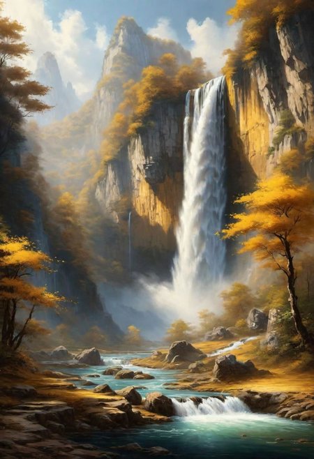 a landscape of a waterfall with gold water,
 masterpiece, highly detailed,
EdobHorrorLandscape,