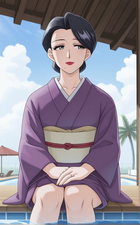 masterpiece, best quality, insaneres, absurdres,soaking feet, pool, palm tree, outdoors, sitting, water, looking to the side, light smile, day, sidelighting, cloudy sky, partially submerged, cocktail, scenery,  <lora:ILLUSTXL_MistreatedBride_SumieTakayanagi_ownwaifu:1>, BREAK PurpleKimono_SumieTakayanagi_ownwaifu, 1girl, black hair, breasts, grey eyes, japanese clothes, lipstick, makeup, mature female, mole under mouth, purple kimono, red lips, single hair bun, obi, sash, short hair, long sleeves, collarbone, hair bun, eyelashes, lips, swept bangs, wedding ring, wide sleeves, white skin,