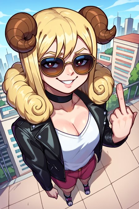score_9, score_8_up, score_7_up, score_6_up, BREAK <lora:NSAriesFairyTail:1> NSAriesFaiTai, sheep horns, blonde hair, medium hair, hair curls, sunglasses, white shirt, leather jacket, black choker, middle finger, city skyline, outdoors, from above, smug