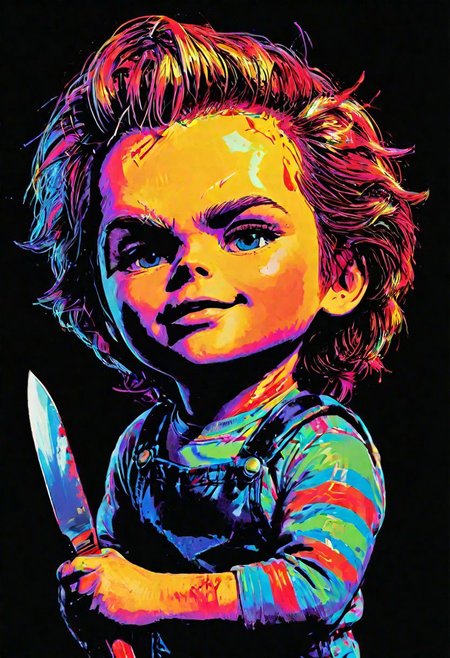 impactful color paint of Chucky The Doll, knife, highly detailed, vibrant colors , sharp, professional, clear, high contrast, high saturated, , vivid deep blacks, crystal clear <lora:Bold_Pop:0.8>