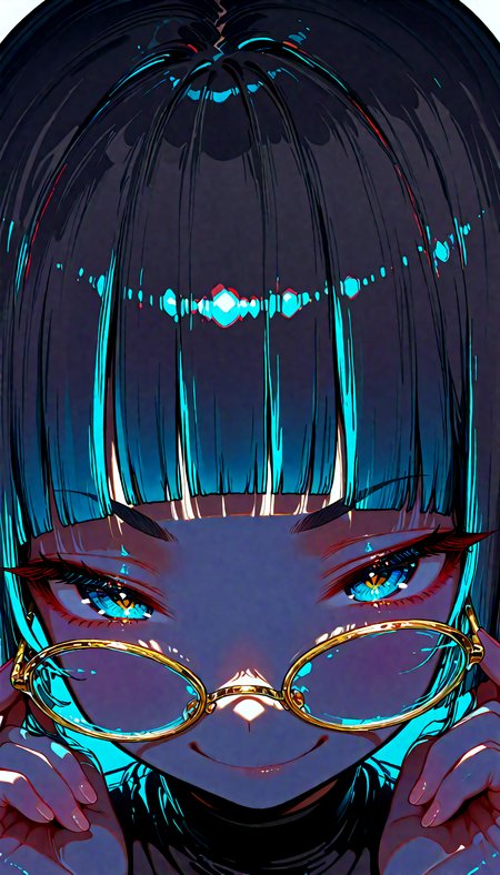 1girl, petite, forehead, blunt bangs, rounded eyebrows, smug, looking over eyewear, (round eyewear:1.2), looking at viewer, adjusting eyewear, colored shadow, simple background, two-tone background, vivid colors, black tone, blue tone, (vector art, crisp edges, flat lighting:1.2), masterpiece, best quality, amazing quality, very aesthetic, absurdres, newest, HDR, 8K, high detailed,