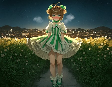 yoneyama mai, rmunakata_(sekimizu_kazuki):1.2,mogudan:0.7, hamada_yoshikazu:0.8, quasarcake:0.8,toraishi 666:0.8,flanvia:0.9 ,negative space, retro_artstyle,
masterpiece, highres, absurdres, newest, shy,
1girl, kinomoto sakura, dress, 1990s (style),  solo,  retro artstyle, puffy sleeves, gloves, short sleeves, white gloves, puffy short sleeves, striped, short hair, flower, ribbon trim, antenna hair, smile, two side up, shoes, standing, green eyes, looking at viewer, green footwear, ribbon, choker, bow, brown hair, green dress, bangs, closed mouth, magical girl, green bow, short twintails,, hair ornament, green ribbon, frills, vertical stripes, green choker, socks, white flower, striped dress, vertical-striped dress, ribbon choker, twintails, white dress, ribbon-trimmed sleeves, hair bow,
, detailed background, sweat, in heat, steaming body,flat breast,flat chest, breathing,full face blush , deep night, outdoors, city backgound, night city, thick thigh, solo,looking at viewer,   night sky,windy, 
<lora:ponyv4_noob1_2_adamW:0.5>, <lora:add-detail-xl:0.5>, <lora:Card Captor Sakura Anime_XL:0.3>,<lora:illustrious_noobai_epsilon_pred_1_best_quality_v1:0.7> ,<lora:illustrious_noobai_epsilon_pred_1_masterpieces_v1:0.7>,