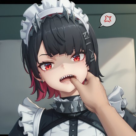score_9, score_8_up, score_7_up, score_6_up, source_anime, source_hentai,
<lora:ellen.pony:1>, zzzellen, red eyes, colored_inner_hair, black hair, red hair,
maid, maid headdress,
bedroom, looking at viewer, (shaded face), (spoken anger vein),
<lora:fingercandy-pony:0.8>, fingercandy, pov hands, wide open mouth, (spiked teeth, sharp teeth), extreme close-up, close-up, hand in another's mouth, from above,