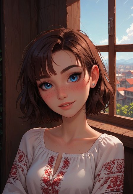 score_9, score_8_up, score_7_up, score_6_up, 
1girl, 25 years old, perfect face, cute, petite, looking at viewer, 
blue eyes, freckles, 
ukrainian female, Vyshyvanka, Ukrainian embroidered shirt, embroidered shirt, modern bedroom, big windows, city view,
blush, shy smile, 
portrait, face focus, detailed face,