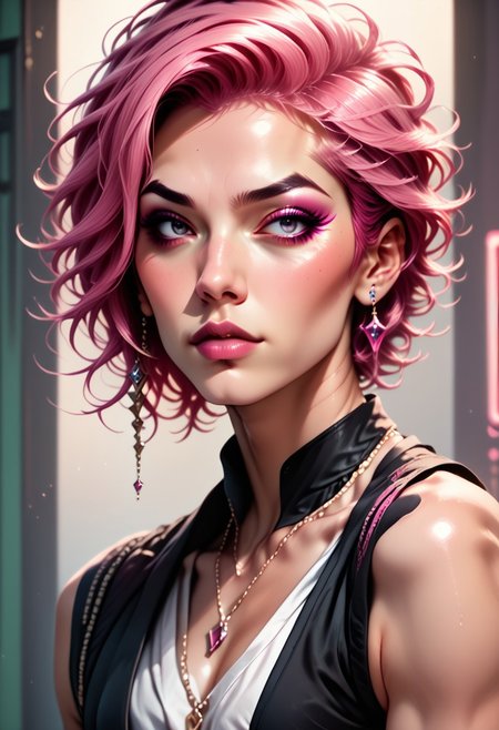h0tp33p0, solo, male focus, 1boy, pink hair, necklace, jewelry, makeup, visual kei, asian, score_9, score_8_up, score_7_up, score_6_up, score_5_up, score_5_up, score_4_up