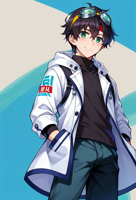 <lora:Misaki-Kurehito-Style-PonyXL:1>, score_9, score_7_up, source_anime, solo, BREAK blue theme,, smile, 1boy, green eyes, short hair, black hair, bangs, hair between eyes, messy hair, (goggles on head:1.2), headband, white coat, hooded coat, hood down, open coat, black turtleneck, capri pants, layered pants, black knee boots,