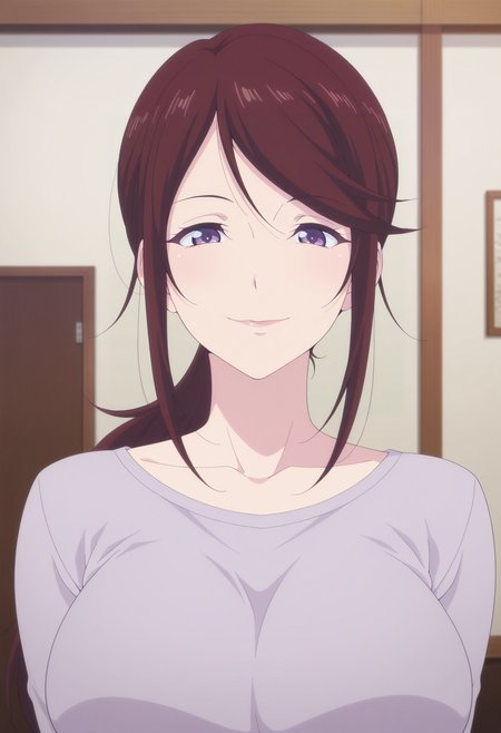 1girl,solo,mm,mature female,long hair,ponytail,purple eyes,brown hair,large breasts,
shirt,upper body, looking at viewer, indoors,smile
,masterpiece,best quality,amazing quality,<lora:Confectionery_Seller-Megami_no_Café_Terrace:0.8>