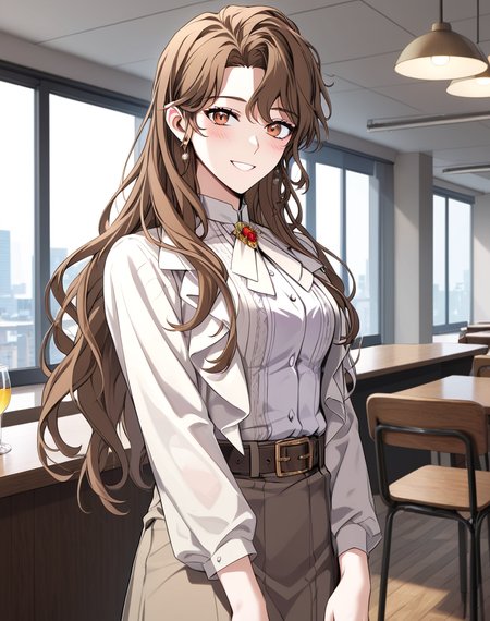 arin_seo, brown hair, long hair, brown eyes,jewelry, skirt, earrings, brown skirt, shirt, white shirt, belt, long sleeves, long skirt, brooch, model clothes,  BREAK indoors, restaurant BREAK  cowboy shot, smile, blush, looking at viewer, BREAK score_9, score_8_up, score_7_up, source_anime ,zPDXL,<lora:Arin_Seo:0.8>, manhwa, solo