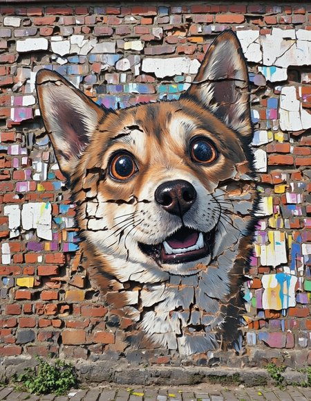 <lora:CWWalls1fluxb:1> wabkg, realistic world, photo. On the surface of an old cracked brick wall there is a painting of a surprised japanese animation dog with huge eyes. The bricks and cracks appear through the painting. There are also some paint drips. Portrait. Closeup.