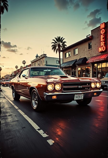 A nostalgically crafted relic of the past, a meticulously restored deep bronze pearlescent classic 60's muscle car cruises through the dusk streets with an intimidating elegance. The vintage vehicle gleams with a lustrous sheen, showcasing its aerodynamic lines and sharp accents as it cruises along the asphalt. This evocative scene is captured in a vividly detailed oil painting, where every brushstroke highlights the car's classic styling and pristine condition. Impeccably rendered, this image transports viewers to a bygone era of automotive luxury and style. secretlab