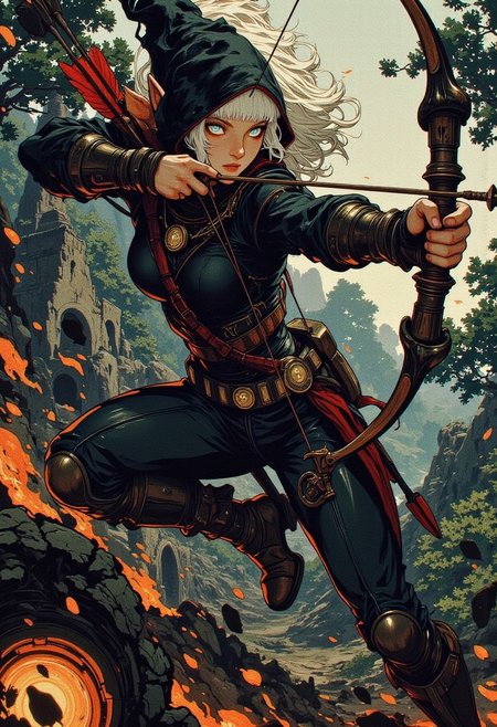 (Cinematic fantasy, dynamic action shot, dramatic lighting, painterly texture) — An agile elven archer, her sharp, elongated ears peeking from beneath a simple black hood, moves with effortless precision, mid-motion as she leaps through the air. Her sleek, form-fitting dark attire flows with her momentum, fabric creases catching the dim light. One leg is bent at the knee, the other stretched out for balance, her torso twisting back slightly to accommodate the pull of her bowstring.
Her fingers expertly grip a finely crafted recurve bow, the limbs adorned 
 the arrow nocked and drawn to full tension, its tip glinting in the ambient light. Her intense, piercing eyes lock onto a distant target, expression unwavering in focus.
The background is a blurred, hints of ancient ruins, dense forest, emphasizing the archer’s fluid speed and agility. The cinematic shot is taken from a slightly low angle, capturing her mid-leap with a strong diagonal framing, making the scene feel exhilarating and weightless. The color palette contrasts muted grays and blacks with subtle ethereal highlights,