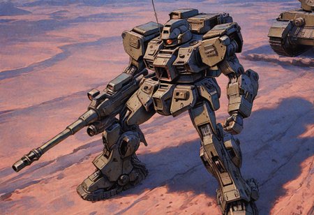 Military-style mecha, tan and olive drab camouflage, desert camo, panzer camo (detailed armor plating:1.2), cannons, cannon on shoulder, (mechanical joints:1.2), (complex weaponry:1.2), central focus, full shot, facing slightly forward and to the right, standing pose, dieselpunk ww2 mech walker tank, fantasy, outdoors background, panzer, (accurate anatomical proportions:1.3), digital painting style, high resolution, detailed textures, sharp focus, (realistic light reflection:1.1), (detailed paint job:1.3), (eye detail:1.2), (color palette:1.2), detailed mechanical components, military aesthetic, retro artstyle, retro illustration, knva, German camo, panzergrenadier, manga