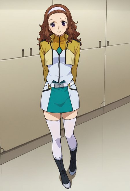 score_9,score_8_up,score_7_up,anime coloring BREAK source_anime,anime,<lora:Mileina_Vashti_Gundam_00_Pony:0.7>,mileina,1girl,solo,purple eyes,brown hair,long hair,wavy hair,hairband,cb uniform,cropped jacket,white gloves,belt,green skirt,miniskirt,white thighhighs,black boots,smile,standing,arms_behind_back,indoors,looking_at_viewer,