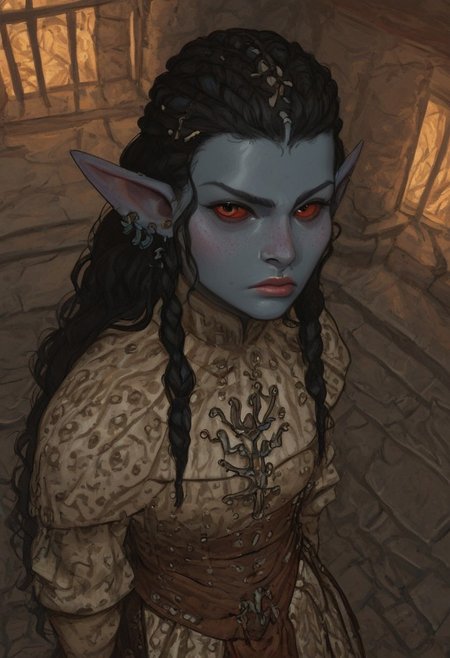 safe_pos, solo, short pointy ears, piercings, random elf face, aquiline features, female dark elf, brow rings, nose rings, beaded piercings, weathered skin, large nose, insect chitin armor, insect chitin helmet, insect chitin ornaments, stylized insect pattern, athletic build,  animated realism, zoomed out, Syrian features, torso, brass pipes and gears, intricate architecture, dwarven masonry, dwemer fixtures, white-green light, gloomy lighting, ancient ruins, interior, stone tiled floor, grey-blue skin, grey skin, mahogany and ivory clothes, medium armor, bone plate armor, ivory straps and fittings, alien bone ornaments, grey wood neckguard, red sclera, black pupils, blue-green light, neon, highly detailed, defined features, looking at viewer, three quarters view, from above, dynamic lighting, 19 years old, light and shadows, patterned cloth, annoyed expression, expressive eyes, detailed medieval clothes, medium_breasts, very long hair, wavy hair, thick hair, beaded hair, braided hair, under cut hair, semirealistic, alien elf, spanish features, jewish features, black hair, dark red hair, umber skin, sharp features, pastel green inuit print cloak, nighttime, high detail, absurdres, pretty eyes, detailed eyes, red eyes,