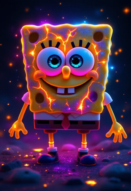 glowing galaxy cracks, A cute, glowing version of SpongeBob SquarePants, designed with irresistible, large eyes. His body appears to be cracking like a molten volcano, with cracks glowing in bright, galaxy-like colors—shades of deep purple, blue, and bright orange. The glow emanates from within the cracks, giving an ethereal and mesmerizing effect, as if SpongeBob is infused with cosmic energy. The background is dark, making the glow and molten effect stand out, and small, floating star-like particles surround him, enhancing the galaxy and volcanic theme. The scene blends cuteness with a cosmic, otherworldly vibe