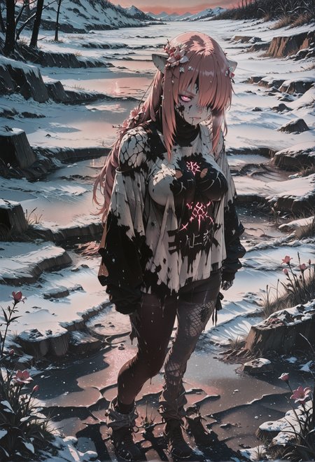 rating_explicit, nsfw, masterpiece, best quality, amazing quality, breathtaking attention to detail, 8K, absurdres, highres, ultra detail, high contrast, letitbrn, shindol, S4bit4mago_illu, re4lity_sync_illu, aidmaMJ6.1, Sinozick_illu,gradient,spot color, BREAK, 1girl, kaede, long hair, pink hair, horns, pink eyes, hair over one eye, mature female, breasts, shadows, twilight, snow, mud, water, light red background, flowers in hair, drill_hair, Split dyed hair, looking at viewer, thick eyebrows, floral tattoo, pantyhose, socks pale skin, marble skin, disintegration skin, amputee, (solo:1.6), ornate print, spandex printed jumper shirt, mesh Feathered Wrap pants, baggy clothes, oversized clothes, off shoulder, dynamic pose, (solo:1.2), flowers, wildflower field, grass, glowing runes, stone decorated floor, 