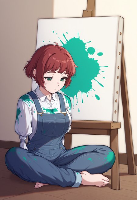 masterpiece, best quality,  <lora:NSRinKatawa:1> NSRinBase, armless amputee, red hair, short hair, green eyes, white collared shirt, blue overalls, covered in paint, paint on clothes, indian style, wooden floor, canvas, looking down