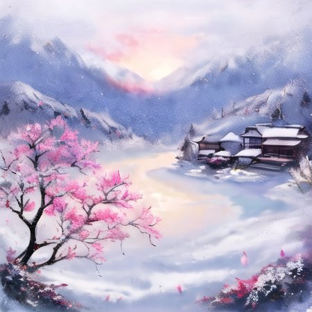 peach blossom, mountain, snow,