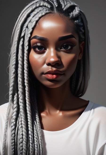 score_9, score_8_up, score_7_up, 1 woman, dark skin, long black2silver box braids, portrait, b0ll4nd, oversized sheer white tshirt, DRKDL, dramatic lighting