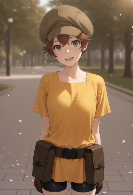 masterpiece,best quality,absurdres,highres,very aesthetic,high quality,detailed,insanely detailed,beautiful,perfect lighting, ,depth of field,blurry background,bokeh, looking at viewer, very aesthetic, , very awa , arms on back, standing, cowboy shot, park, smile, open mouth, petals,
very awa, 
looking at viewer, upper body, close potrait,
  <lora:Yakumaru Itsuki illu:1> 1girl, short hair, brown hair, green eyes, cabbie hat, short sleeves, brown gloves, yellow shirt, bike shorts, pouch