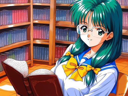 score_9, score_8_up, score_7_up, source_anime, rating_explicit, BREAK  <lora:Kisaragi_Mio_XL:1> Kisaragi_Mio, long hair,  green hair,  glasses,  green eyes, hair over shoulder, low-tied long hair,  medium breasts, 1990s \(style\),  solo,
 school uniform, book, smile, bow, serafuku, sailor collar, yellow bow, reading,
library,