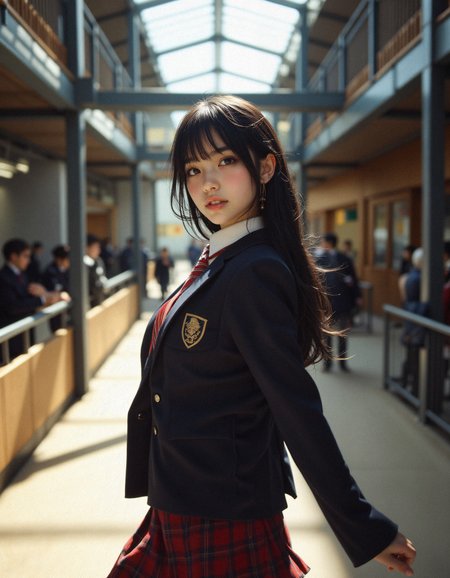 hyper-realisitic, hyper-detailed, detailed foreground,  RAW photo, detailed clothing, detailed lighting,  midjourney_whisper_innocent_eyes, curvy female,  Caught mid-stride across a sun-drenched walkway that overlooks the school’s central space, she turns her head just enough to meet the viewer’s gaze—not quite a smile, not quite a question. Her black hair lifts ever so slightly in motion, catching specks of skylight glow. The school uniform fits sharply, but her movements soften its form. The red-striped tie sways with the motion, and the emblem near her chest glints softly in contrast to her pale skin. Her expression is animated but fleeting, like a glance that carries weight it shouldn't. Behind her, the full height of the atrium stretches open: wood tones, steel beams, students below—all blurred in bokeh. The camera catches her from upper thighs upward, tracking motion with a slight blur on her sleeve, giving the scene dynamic tension. Her eyes, though, stay sharp—focused on something, someone, maybe the viewer. It's not drama. It's the spark of the moment just before it becomes a memory. smile, flowing hair,                                      <lora:MoriiMee_Gothic_Niji_Style_FLUX:0.5000000000000001> <lora:midjourney_whisper_innocent_eyes_v01:0.5000000000000001>