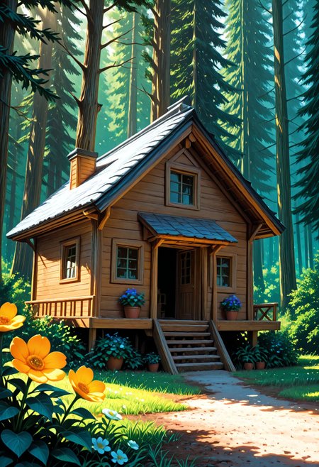 SmoothNoob_Quality, (oil painting \(medium\):1.5), tree, tree house, tiny house, no humans, sunbeam, serene, peacefull, flower, colorful, forest,​​​
