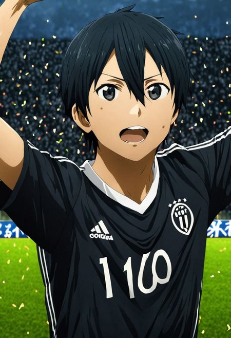 high resolution, solo, best quality, 1Boy, Kazuto Kirigaya, Black Hair, Black Eyes, soccer player, field, portrait, sport photography, celebration, OverallDetail