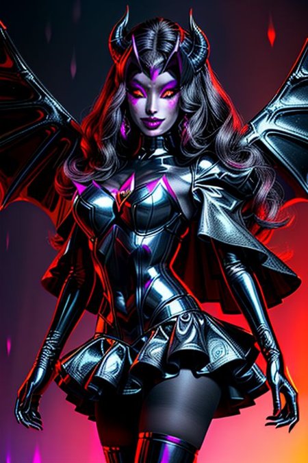 MEvil, DemonicT, EvlSM, Bad_End_Precure, DarkPrecure, adult, evil corrupted princess wearing dark pastel (ruffled:1) (gleaming latex:1)  gown with (long latex cape:1) and latex elbow gauntlets, soft lighting, ruffles,
(makeup, lipstick, mascara, eyeshadow),
(blue skin, black sclera, colored sclera, colored skin, yellow eyes, demon wings, demon horns, slit pupils),
(red eyes, colored skin, glowing eyes, evil smile),
<lora:more_details:1>,