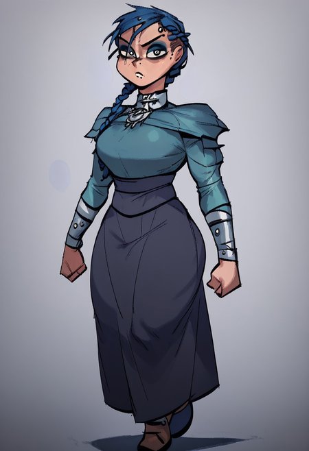 score_9, score_8_up, score_7_up, anna, solo,1girl ,breasts, braid, blue hair, long hair, braid,great shading,full body,open eyes, eyeshadow, blue eyeshadow,makeup,, eyebrow piercing, piercing, blue motosuit, walking pose, looking at viewer, gray background,