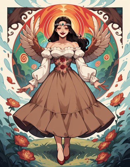 score_9, score_8_up, score_7_up, score_6_up, score_5_up, score_4_up, source_anime, 1girl, long black updo hair, full body, smile, makeup, red lipstick, hud_forest_fairy_dress, white and brown dress, puffy sleeves, brown floral corset, silver circlet, bare shoulders, wings, <lora:forestfairyxlp_epoch_8:0.6>, hud_psyc_styl_XLP, psychedelic, trippy, <lora:hud_psyc_styl_XLP-000008:0.5>