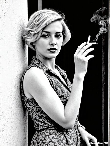 A captivating portrait of a blonde woman with wavy hair, styled in a vintage fashion, leaning against a white concrete wall. She is dressed in a patterned, long-sleeved dress, complemented by a shimmering bracelet. The composition features a close-up shot, emphasizing her expressive eyes and the soft curves of her face. The lighting is dramatic, casting strong shadows and highlights that accentuate the textures of her dress and hair. The background includes a chain-link fence, adding a touch of industrial contrast to the scene. The overall mood is sophisticated and alluring, reminiscent of classic Hollywood glamour. The image should be rendered with high detail and a shallow depth of field, focusing on the woman's face and upper body. The color palette is muted, with a focus on warm tones and subtle gradations. The final image should evoke a sense of timeless beauty and elegance., <lora:_Flux\_Photographer\Helmut_Newton-000001.safetensors:0.8300000000000002:0.8300000000000002> <lora:_Flux\_Skin_Appearance\detailifier_flux-000006.safetensors:0.8300000000000002:0.8300000000000002>, A black and white portrait of a woman standing on a porch, wearing a button-down shirt, holding a cigarette, with a stormy sky in the background, next to a house, she has short hair, her shirt is wet, she has an expressionless face, the lighting is dramatic, the scene is reminiscent of a film noir, shot on medium format film, with a shallow depth of field, creating a sense of intimacy and vulnerability, the woman's gaze is directed towards the viewer, creating a connection, the overall mood is somber and introspective, the composition is simple yet effective, emphasizing the woman's figure and the surrounding environment, the image is timeless and evocative, capturing a moment of quiet contemplation in a turbulent world, the contrast between light and shadow adds depth and dimension to the scene, the woman's posture is relaxed yet confident, suggesting a sense of resilience and strength, the image is a powerful representation of the human spirit, conveying a sense of hope and perseverance in the face of adversity., <lora:_Flux\_Photographer\Helmut_Newton-000001.safetensors:0.8300000000000002:0.8300000000000002> <lora:_Flux\_Skin_Appearance\detailifier_flux-000006.safetensors:0.8300000000000002:0.8300000000000002><lora:_Flux\_Photographer\Helmut_Newton-000001.safetensors:0.8300000000000002:0.8300000000000002> <lora:_Flux\_Skin_Appearance\detailifier_flux-000006.safetensors:0.8300000000000002:0.8300000000000002>