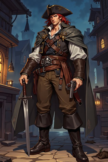 xrstyle,a rugged, male pirate with a muscular build. He has light skin, red hair, and a stern expression. He wears a black tricorn hat, a dark brown leather vest, and a long, tattered gray cloak. His brown pants are tucked into knee-high, black leather boots with silver buckles. He holds a sheathed sword in his right hand and a pistol in his left. The background is an empty pirate port in the night. , detailed background  Fantastic lighting. Detailed shadows.intricate details, vivid colors, hyper-detailed, ultra-sharp, , <lora:XRSTYLE_FLUX:0.5><lora:RetroAnimeFluxV1:0.4><lora:MoriiMee_Gothic_Niji_Style_FLUX:0.3>