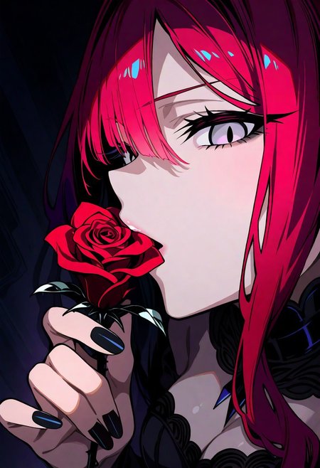 score_9_up, score_8_up, score_7_up, masterpiece, best quality, very aesthetic, absurdres, very awa, newest, (ixy:0.4), (mikan:0.4), (aabx315:0.6), 1girl, 18 years old, medium breasts, black night gown, close up, from above, from side, looking at viewer, holding a rose, touching a rose with her lips, black colour nail polish, empty room, soft dark light, Baobhan Sith (/fate grand order)