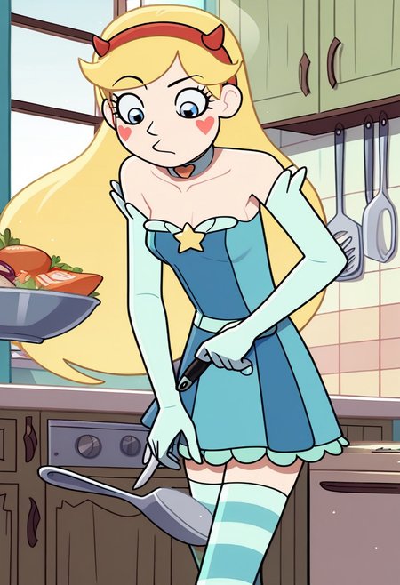 score_9, score_8, score_7, incogstyle, SVStar, 1girl, ((solo)), gloves, elbow gloves, thighhighs, blonde hair, blue dress, cutting carrots in kitchen,