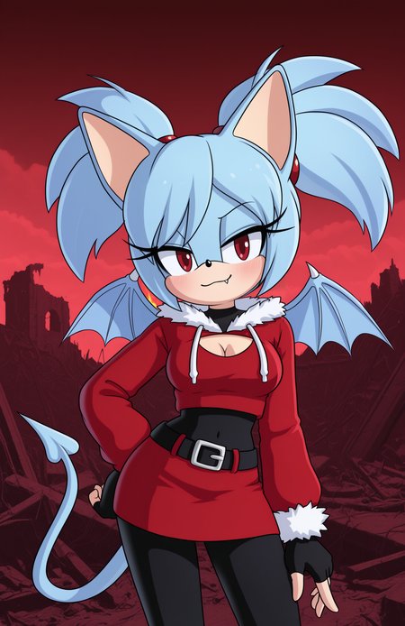1girl, solo, ruins, hell, cloud, red sky, dark sky, fiery sky, fire, cowboy shot,
<lora:Nullantwins:0.8> zhuu, red eyes, blue hair, demon tail, blue tail, demon wings, blue wings, twintails, big hair, 
red hoodie, cropped hoodie, long sleeves, black bodysuit, fur-trimmed hoodie, blue fur, black gloves, fingerless gloves, cleavage cutout, red skirt, midriff, black belt, belt buckle, blue drawstring,
contrapposto, light smile, blush, looking at viewer, smug, :3, fangs out,
 <lora:krack-06:1> krackstyle, extremely detailed, highres, masterpiece, best quality, sonic \(series\), furry, (bat ears), bat girl, blue fur