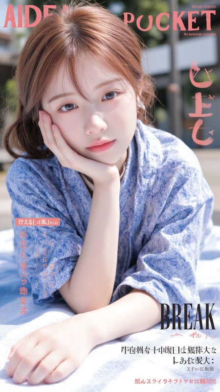 The magazine cover of a Japanese adult video, titled "AIDEA POCKET" with the japanese text and elements of the laid out in a typical fashion magazine format. BREAK A high-quality color photograph captures a young Asian woman with small breasts. The lighting in the photograph is soft and evenly distributed, with no harsh shadows that might suggest a particular time of day or artificial light source. The image does not display any specific painting technique or impressionist style elements but instead showcases a masterful approach to realistic photography. It appears to be a straightforward yet captivating portrait intended for discerning audiences who appreciate fine art and subtle beauty. The overall style remains realistic and focused on the figure, emphasizing the woman's presence and grace without attributing it to any particular artistic movement or technique.. She is in Pedestrian Zone Building. She is She lies on her side on a beach towel, propped up on one elbow.. Her face expression is Fear BREAK She has copper hair styled in Caesar Cut with Fade. Her makeup is minimal, with a focus on natural-looking pink lipstick and subtle eye makeup. She is accessorizing neck ribbon and Ear Thimble. She is wearing indigo dye paisley yukata.,<lora:flux\JAVCompany_vol1_AIdeaPocket.safetensors:0.8:0.8> <lora:flux\FOCUSONv1feet.safetensors:0.64:0.64> <lora:flux\majicbeauty1.safetensors:1.0:1.0>