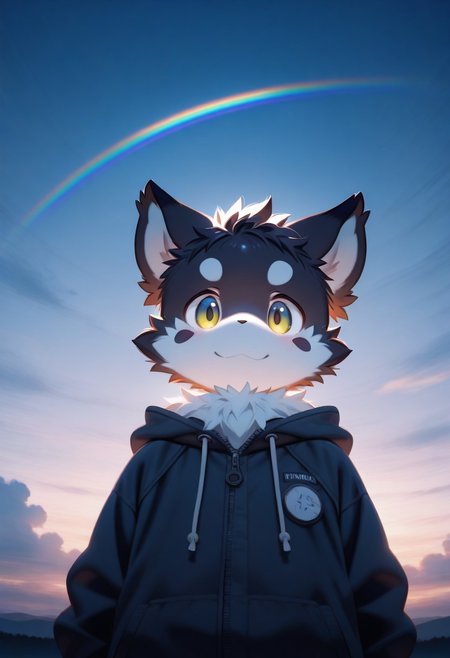 (zuppu11), xi410, alens, kyomu, 1boy, solo, furry, cute, kemono, masterpiece, best quality, very awa, very aesthetic, absurdres, sentensive, looking at viewer, sky, rainbow