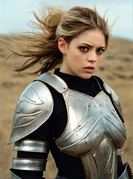 analog photograph of 1girl looking like Kristen_Sims_P_MXAI_SDXL , wearing full plate armor, in a battlefield, windblown hair, smudges, dirt, windblown hair,  filmgrain
