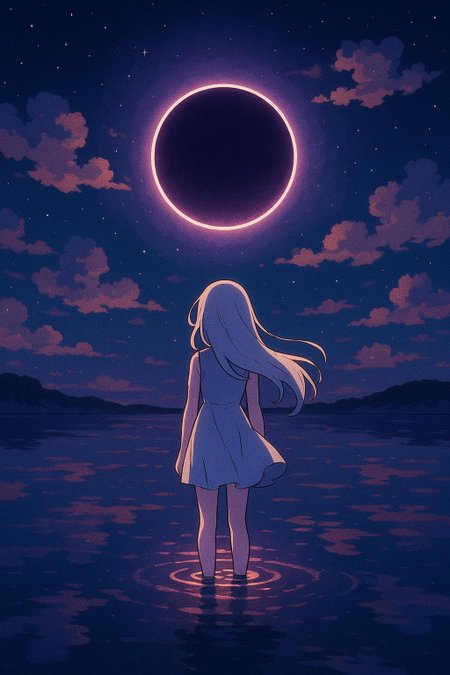 create a digital artwork in a stylized, anime-inspired art style. The scene depicts a serene night landscape with a large, eclipse dominating the sky. The circle is depicted with a violet hue, casting a warm glow across the scene. The sky is a deep, dark blue, scattered with small, twinkling stars and fluffy, pink and orange clouds that add a sense of depth and texture. Clean reflective surface ionosphere stratosphere.
At the center of the image, a solitary female character stands facing the eclipse, with their back to the viewer. The girl is depicted in silhouette, wearing a short, light-colored flowing dress that contrasts sharply with the dark background. They have flowing long, white hair that blends seamlessly with the night sky. The figure is standing in shallow water, which reflects the glowing light and creates a mirror-like effect on the surface, enhancing the tranquil atmosphere.
The overall color palette is dominated by deep blues, purples, and reds, creating a dreamlike and almost ethereal ambiance. The image evokes a sense of solitude and contemplation, with the circle as the focal point and the figure as a silent observer. The artwork captures a moment of quiet reflection under the night sky.
<lora:Phlux:0.4> <lora:Pixel_Art_FLUX:-0.5> <lora:Relief_Art_for_Flux_-_by_Ethanar:0.5> <lora:amateurphotov2:0.5>