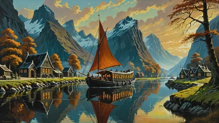 fantasy, painting, landscape of a Neat (lage wide river in the wilderness, keelboat traffic:1.1) from inside of a Netherlands, at Golden hour, tranquil beauty, Detailed architectural landscapes, Dark art, dark colors, light installations, Warhammer 40, popular culture themes, symmetry, goth, cute, pure, exquisite color, deep aesthetic, cool colors