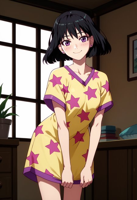 score_9, score_8_up,
1girl, <lora:SeiuHigasa_OffSeason_PDXL:0.9>, pajamaseiu, black hair, short hair, purple eyes, stud earrings,
star print, dress,
slight smile, blush, bent over, 
indoors