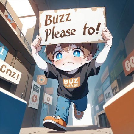 guy holding up a sign that says " buzz please!!"
masterpiece, best quality, 
1boy, solo, (white skin), brown hair, athletic, freckles, black shirt, t-shirt, chin scruff, blue pants, big eyes, blue eyes, huge pupils, checkerboard symbol on shirt, orange shoes, full body, sign, tears,