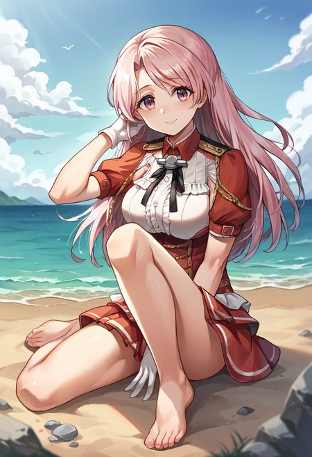 score_9, score_8_up, score_7_up, source_anime, masterpiece, 1girl, ct_abruzzi, large breasts, short dress, short sleeves, black ribbon, red underbust, aiguillette, frills, white gloves, looking at viewer, facing viewer, outdoors, ocean, scenery, dock, depth of field, shiny skin, portrait, happy, knee up, sitting, barefoot, feet, on ground, sand, portrait, hand between legs, <lora:L.d.S.D.d.Abruzzi_pony_ct_ver2:0.9>