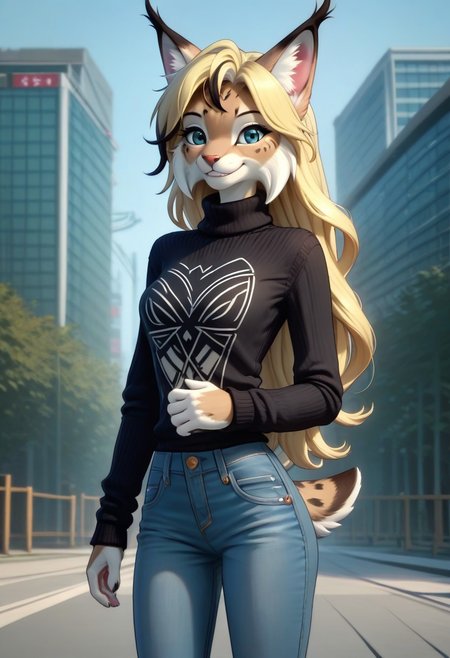 digital_media_(artwork) hi_res, score_9, score_8_up, score_7_up, score_6_up, score_5_up, score_4_up, rating_safe, beautiful, anthro, furry, female, detailed textured fur, fur tufts, fluffy, slim, slender, cute, sweater, baggy denim jeans, beautiful blue eyes, detailed eyes, smile, solo, SFW, lynx, long blonde hair, multicolored hair, streaked hair, absurdres, highres, ZZZ_Style,