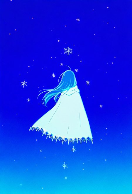 Festive, snowflake, girl's back, long hair, white cloak, night sky, twinkling stars, falling snowflakes, lonely and beautiful