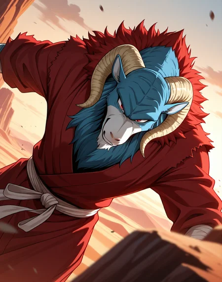 <lora:Moro_1st_Form_(Dragonball_Z)_(Illustrious)_(AD):1.3> Moro, muscular, goat,
dutch angle, exterior, desert, sky with detailed clouds,
male focus, gradient coloring, solo, cowboy shot, bent leg, perfect proportions, goat head, blue body, soft shading, evil smirk, old, aged up, hunched over, frail, 
BREAK very awe, aesthetically pleasing, masterpiece, best quality, amazing quality, very aesthetic, perfect depth of field shot, in'ei, furry_art, source_furry, source_anime,
EZRealPONYXL, zPDXL, Smooth Quality, lazympos, IllustQualXL_Pos,