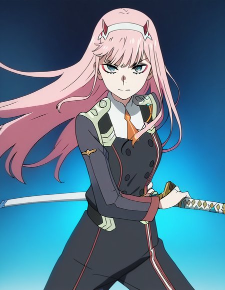 masterpiece, best quality, newest, absurdres, highres, safe,, <lora:zero-two-s1-ponyxl-lora-nochekaiser:1>, zero two, zero two (darling in the franxx), green eyes, hairband, horns, long hair, pink hair, red horns, white hairband, medium breasts, anime screencap, <lora:battoujutsu-stance-illustriousxl-lora-nochekaiser:1>, battoujutsu stance, looking at viewer, holding, weapon, sword, holding weapon, holding sword, standing, katana, sheath, sheathed, fighting stance, ready to draw, shirt, long sleeves, jacket, white shirt, necktie, collared shirt, pants, black jacket, floating hair, black pants, formal, suit, black necktie, black suit, pant suit,, ,