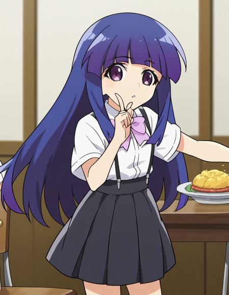 score_9, score_8_up, score_7_up, source_anime, <lora:rika-furude-s4-ponyxl-lora-nochekaiser:1>, rika furude, long hair, bangs, blue hair, purple eyes, blunt bangs, purple hair,, skirt, shirt, bow, school uniform, white shirt, short sleeves, pleated skirt, bowtie, black skirt, suspenders, pink bow, suspender skirt,, dining room, table, chairs, dishes, cutlery, , <lora:hoshino-ruby-dance-ponyxl-lora-nochekaiser:1>, hoshino ruby dance, finger wagging, index finger raised, dancing, outstretched arm,, looking at viewer, solo,, dutch angle, cowboy shot